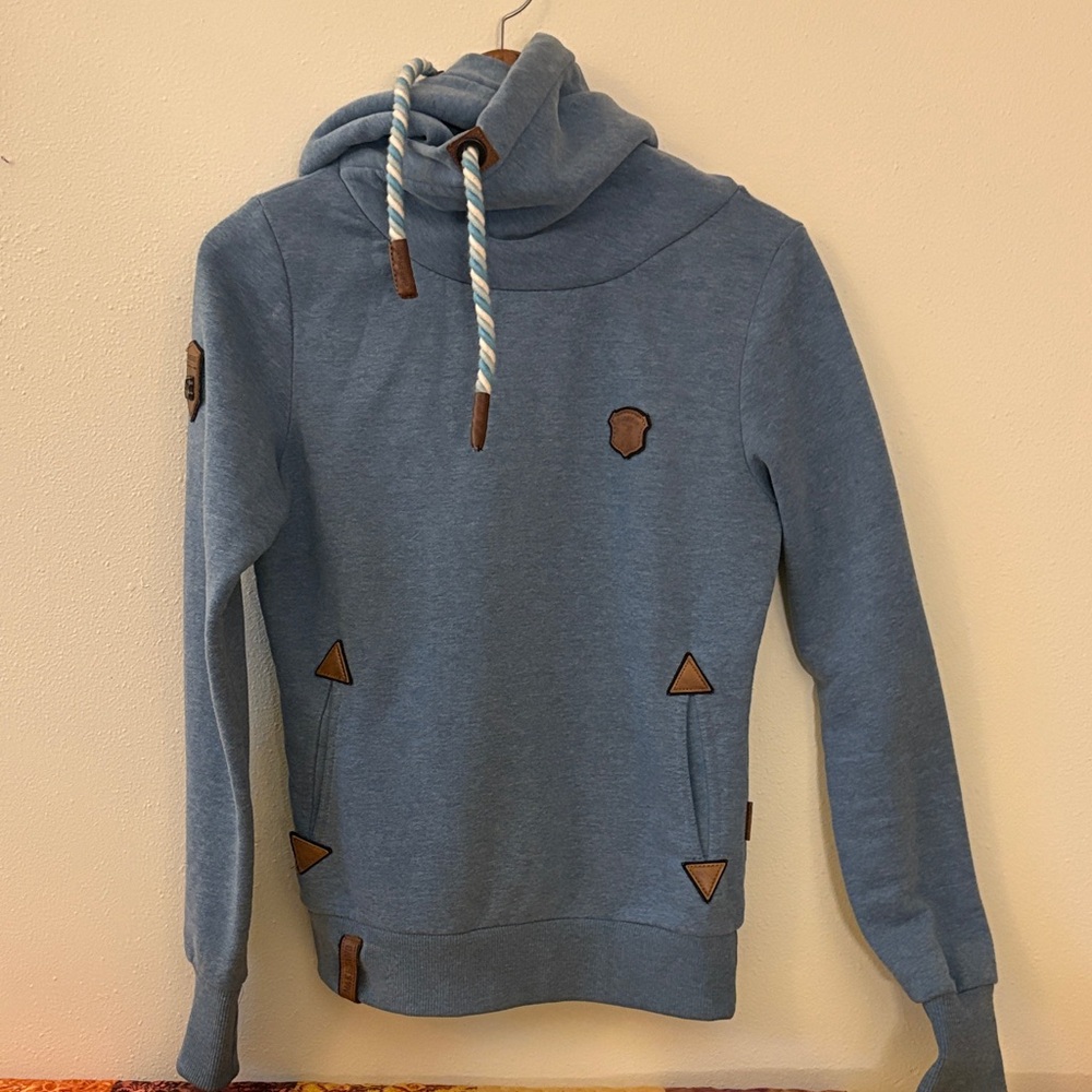 Naketano Blue Cowl Neck Sweater with Brown Accents